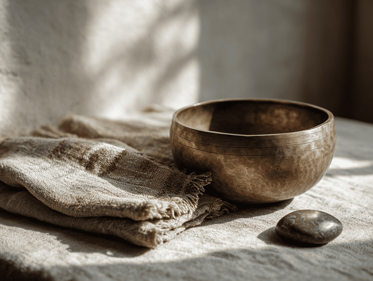 Bol chantant tibétain sur linge ivoire avec petite pierre polie à côté