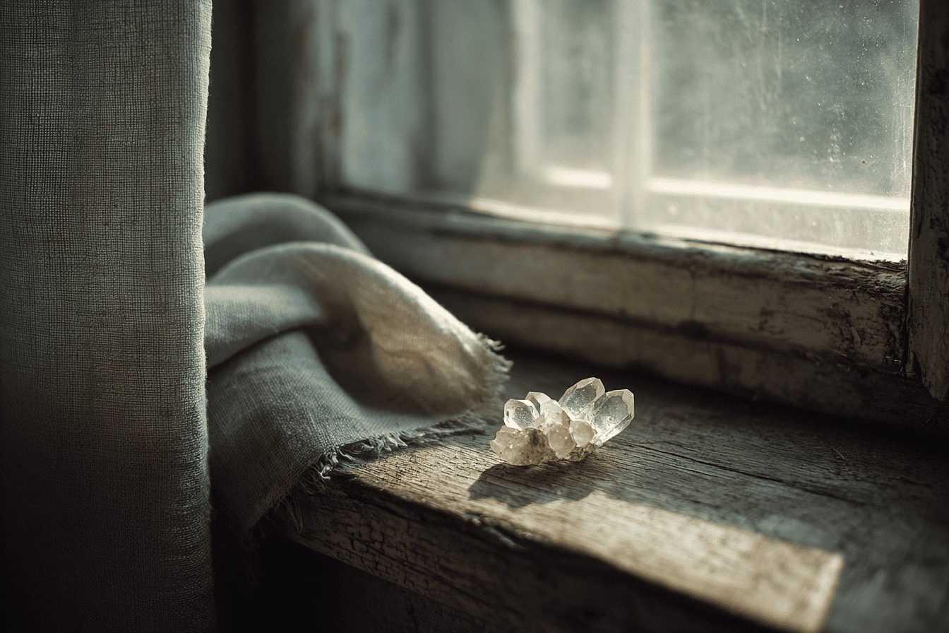 Rebord de fenêtre éclairé par la lune avec petits cristaux sur linge