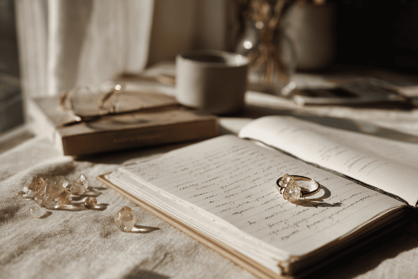 Bureau d’observation : loupe, carnet de notes, échantillons transparents sur fond ivoire