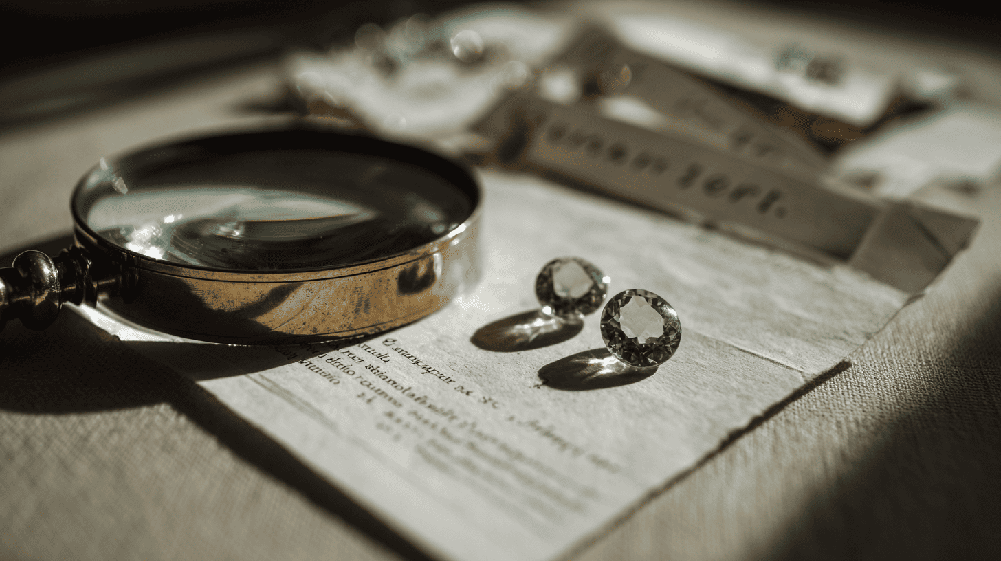 Loupe de bijoutier, galet incolore étiqueté quartz et fragment de verre, sur fond ivoire